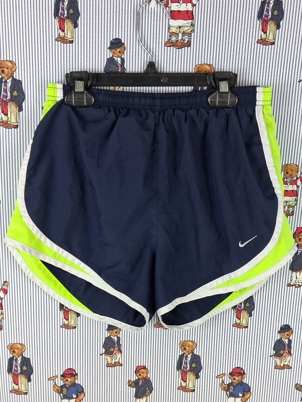 Women's Nike Lined Mesh Leg Panel Navy Blue & Green Med Casual Running Shorts